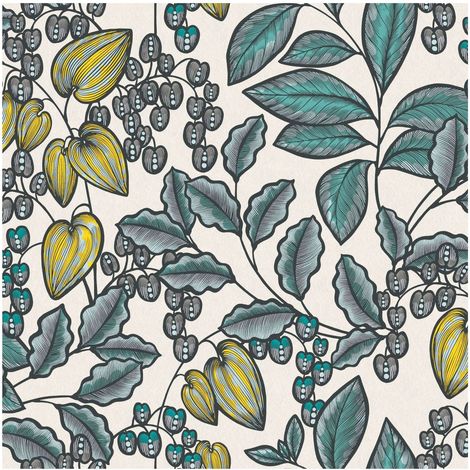 Flowers wallcovering wall Profhome 377551 non-woven wallpaper smooth with floral pattern matt blue white yellow black 5.33 m2 (57 ft2) (1/5)