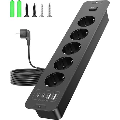 Prise Encastrable 9 En 1 - 2 Prises Secteur Et 4 Ports USB - Interrupteur - Câble 2 M - Pour Cuisine Et Bureau (1/5)