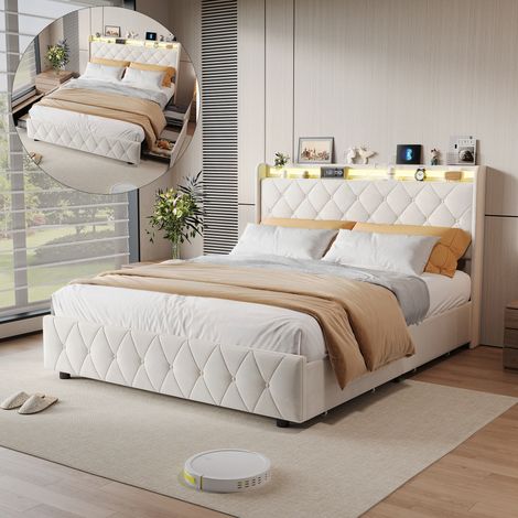 BSMGSGN-Letto Contenitore 140x200 cm con LED, 4 Cassetti, Testiera Imbottita, Porte USB e Type-C, Rete a Doghe, Letto Matrimoniale in Velluto Beige per 2 Persone, Senza Materasso (1/5)