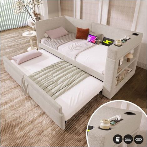 Lit gigogne banquette 90x200cm Lin beige avec Ports USB Type-C - Lit gigogne - Avec accoudoirs et porte-gobelets pour chambre d'amis (1/5)