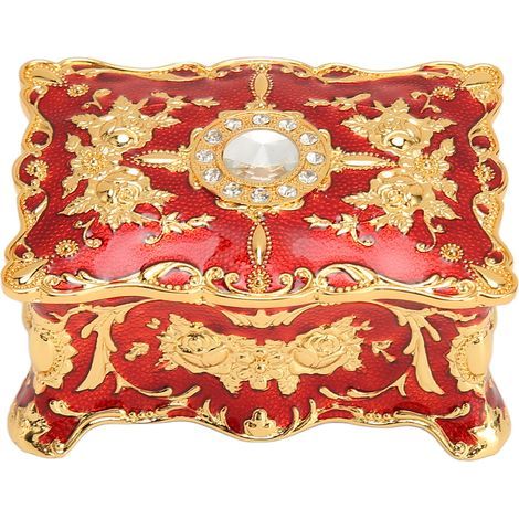 Boîte à bijoux vintage style européen, coffret émaillé métallique pour bagues, colliers et boucles d'oreilles, couleur or et rouge (1/5)