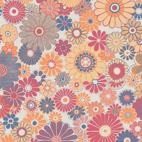Retro Tapete Profhome 395354 heißgeprägte Vliestapete leicht strukturiert mit Blumen-Muster matt rot ocker-gelb orange blau 4,5 m2