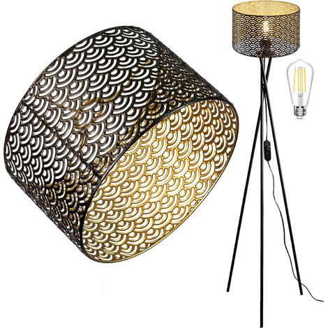 Vintage LED Tripod Floor Lamp Black Floor Lamp with Adjustable Height and Wave Design Lampshade Dimmable (1/5)