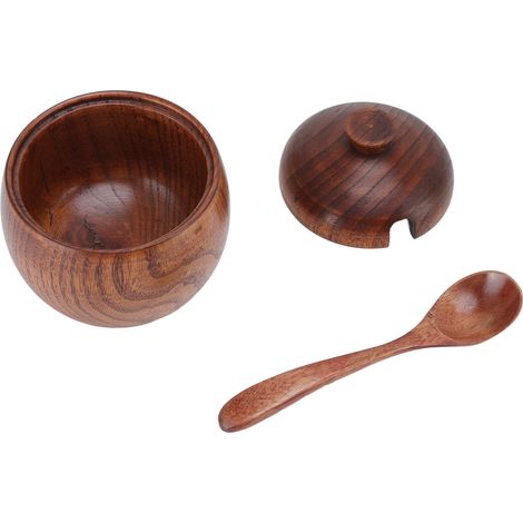 Pot à sel en bois de jujubier, boîte à épices japonaise rétro avec couvercle, set (salière + cuillère + boîte en carton) (1/5)