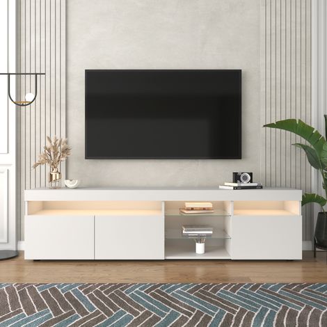 Moderner weißer TV-Ständer mit LED – 3 Glastüren, glänzendes Sideboard-Aufbewahrungssystem für das Wohnzimmer – 180 x 35 x 45 cm