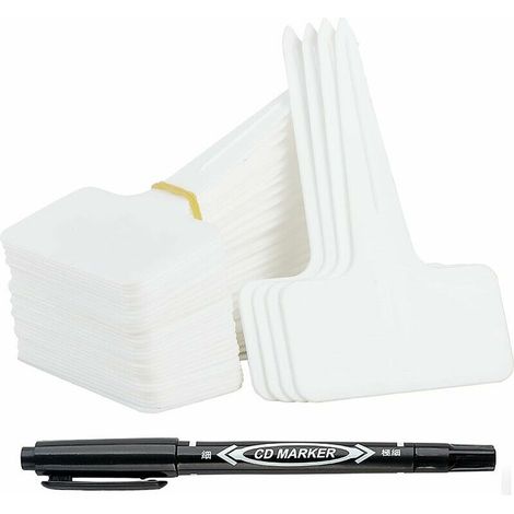 100 étiquettes de jardin en plastique pour plantes, marqueurs de type T pour potager, avec stylo imperméable, accessoires de marquage réutilisables (blanc) (1/5)