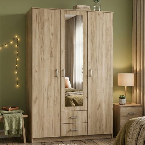 Armario 3 Puertas Crati, Guardarropa Dormitorio con Barra, 2 Cajones, 4 Estantes, 120x52 cm Roble Marrón (1/5)