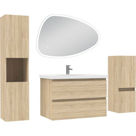 Ocean ensemble meubles Salle de Bain 80cm vasque + colonne + miroir 3 couleurs lumineux Chêne Wotan