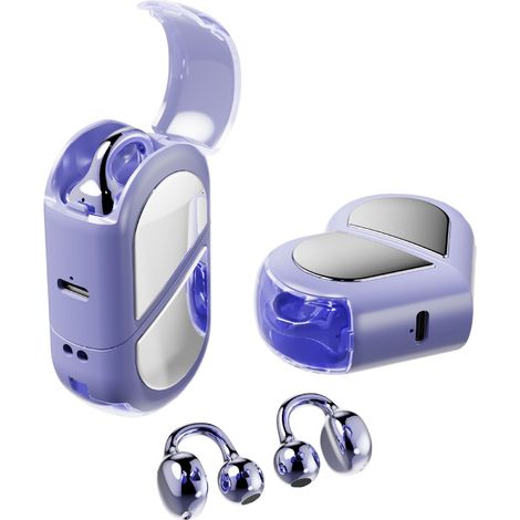 Casque de jeu Bluetooth violet avec clips d'oreille rotatifs, mini faible latence (1/5)