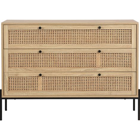 Commode 3 tiroirs en cannage naturel et effet chêne 105 cm - Iris (1/5)
