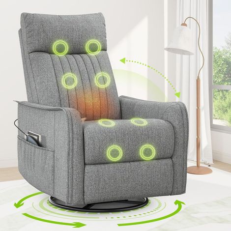 Fauteuil TV, fauteuil de massage inclinable, fauteuil de détente avec fonctions de chauffage et de massage, fauteuil TV pivotant à 360°, deux poches latérales, tissu gris clair