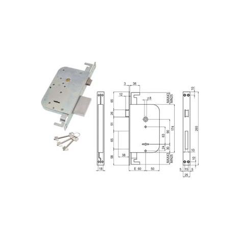 SERRATURA TRIPLICE DA INFILARE D. MAPPA CON SCROCCO E CATENACCIO 600/3  mm.60 (00600 30 60 3C 00)    SAB