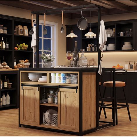 Mueble de cocina 107x62x183 cm color madera en MDF y metal con estantes, puertas correderas y toma de corriente (1/5)