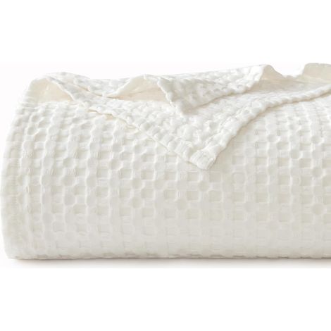 Couverture 100 % coton - 220 x 240 cm - Couvre-lit gaufré - Douce et respirante - Légère - Pour canapé, lit - Blanc (1/5)