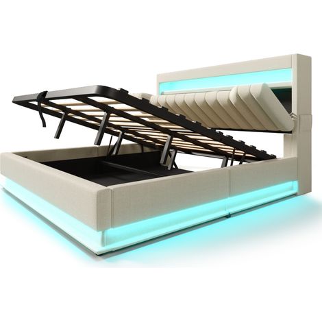 Cama doble capitoné 180 x 200 cm con almacenaje, LED, puertos USB y USB-C, lino beige (1/5)