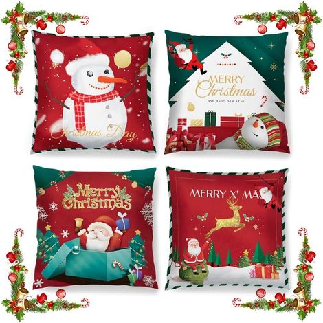4 Pièces Housse de Coussin de Noël Rouge, Housse Coussin Père Noël 18x18 inch, Taies d'oreiller en Velours (1/5)