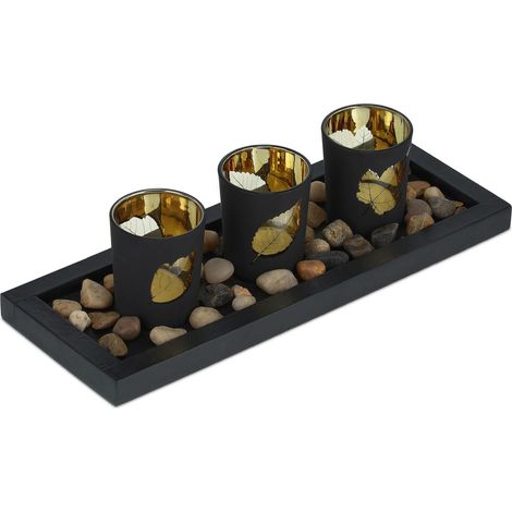 Photophores en lot avec Plateau et Pierres, 30 cm, décoration Table Salon, Salle à Manger, bougeoir, Noir (1/5)