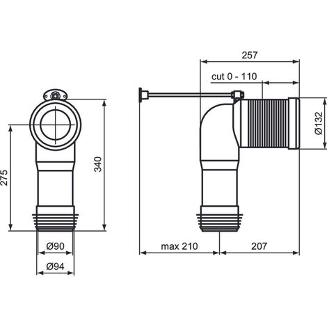 Ideal Standard Multi Suites - Curva Tecnica Regolabile 50-110 mm per WC Filo Parete, Adattatore Scarico Parete a Pavimento (T002767) - Neutro