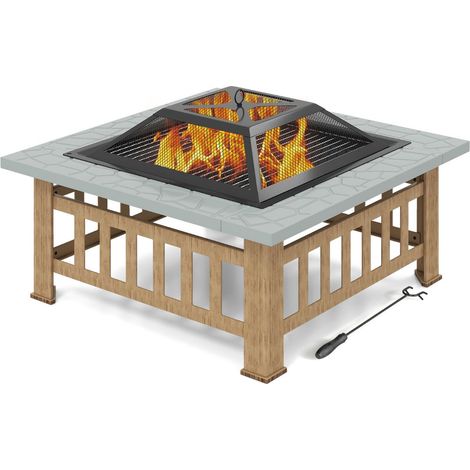 Brasero de exterior 3 en 1 para jardín 81 x 81 x 50 cm con óptima seguridad y gran capacidad fabricado en acero gris 200010781