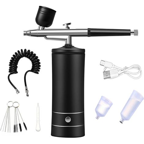 Air Brush Nail Oxygen Injector Mini Air Compressor Kit Paint Sprayer pour Art Tattoo Craft Cake Nano Fog Mist,Black (1/5)