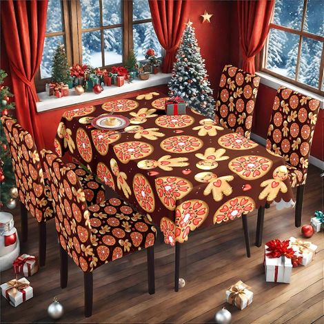 Ensemble nappe et housse de chaise imprimé bonhomme en pain d'épice pour Noël 2025, housse de chaise en soie de lait tout compris TC-255 (140 x 210 cm, imperméable) (1/4)