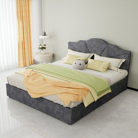 Lit adulte coffre 160 x 200 cm en tissu gris avec tête de lit géométrique et sommier renforcé (1/5)