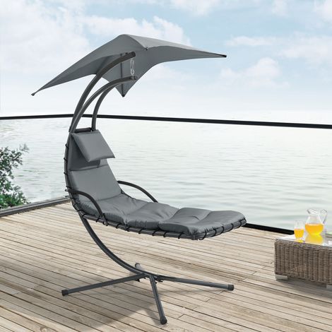 Lettino Prendisole Sospeso da Giardino/Piscina Sdraio Imbottito Telaio di Sostegno in Acciaio Nero con Tettuccio Parasole a Protezione UV - Grigio (1/5)