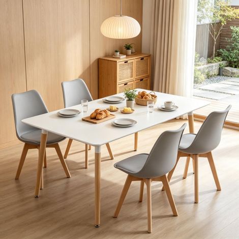Lot de 4 chaises de salle à manger ergonomiques 49x42x83 cm - chaise de cuisine scandinave rembourrée en simili cuir et pieds en bois massif - gris et bois naturel (1/5)
