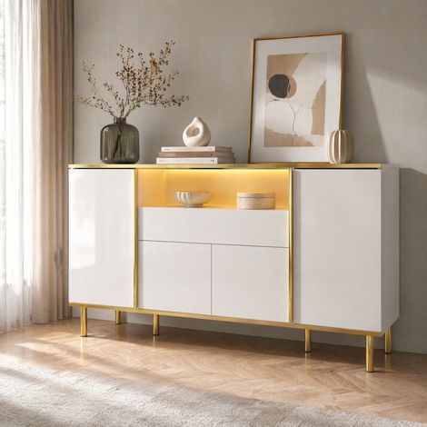 MEUBLIV Sideboard 150x40x80 cm blanc brillant – LED intégrée, 4 portes et 1 tiroir (1/5)