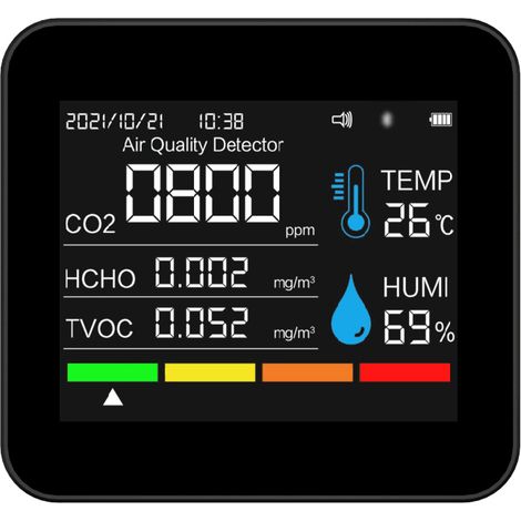 Decdeal 9-in-1-BT-Luftqualitätsmonitor, CO2-Messgerät, Kohlendioxid-Detektor, Zeit/Datum, TVOC, HCHO, PM2,5, PM1,0, PM10, Temperatur- und Luftfeuchtigkeitserkennung, unterstützt APP-Steuerung mit Alar