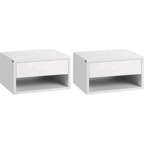 Set of 2 Wall Mounted Bedside Tables with Drawer and Shelf,High Gloss White Nightstands for Bedroom,Compact Size 37x32x21cm