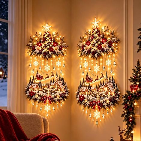 Lot de 2 Suspension murale de Noël lumineuse – Sapin et village illuminés, cascade de lumière chaude