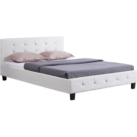 Idimex – Lit double capitonné blanc 140x190 cm – Sommier à lattes inclus – Hauteur tête de lit 77 cm – Design élégant et accueillant (1/4)