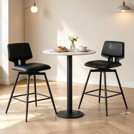 Juego de 2 taburetes de bar giratorios con respaldo ergonómico, reposapiés metálico, cuero sintético negro (1/5)