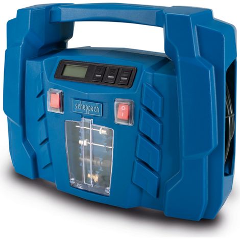 Scheppach Compresseur d’air portatif Airforce5 - 150W - raccordement 12V / 230V - Affichage digital - 8 bar de pression - admission d'air de 36,5 l/min - Accessoires inclus