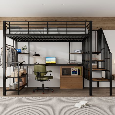 Hochbett 120x200 cm mit Leiter, USB-Anschluss, Kleiderstange und Ablage, schwarz HAVRYA (1/5)
