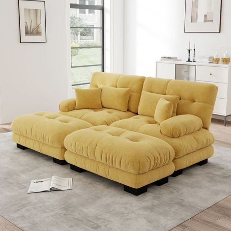 Canapé modulable jaune en chenille avec ottomans mobiles, coussins lombaires et larges accoudoirs (1/5)