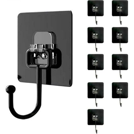Lot de 10 Cochet Adhésif Mural(Maximum 30 kg) - Noir - Étanche et Sans Trace - Fixation Murale Sans Percer Pour Salle de Bain, Plafond, Crochet Mural, Ustensiles de Cuisine, Clés, Sac à Dos (1/4)