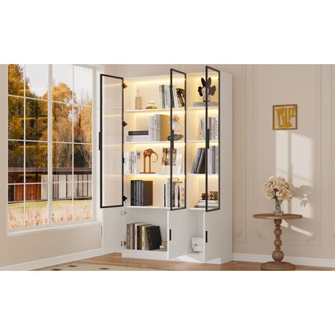 Vitrina alta blanca 120 x 32 x 200 cm con 6 puertas de cristal y LED, MDF, cierre suave (1/5)