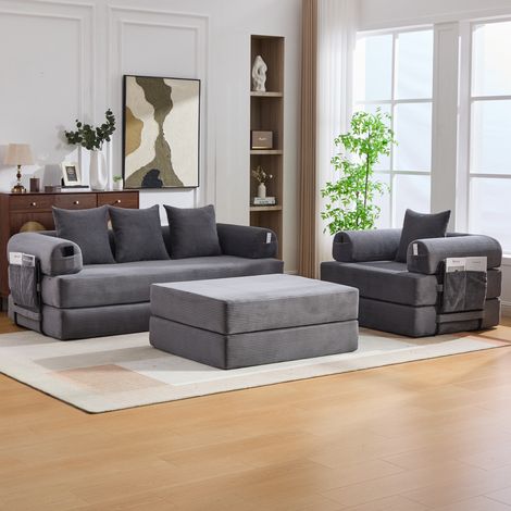 Sofá modular 200 x 190 x 67 cm de pana gris oscuro con almacenaje integrado – MEUBLIV (1/5)