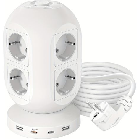 Multiprise Colonne 8 Prises + 4 USB (2x USB-C PD). Surge Protector 2400W, Câble 1,8m. Modèle (Blanc 8AC+2A2C). (1/4)