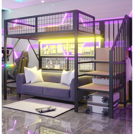 lit enfant mezzanine rangement 90x200 métal noir OKMYHOME (1/5)