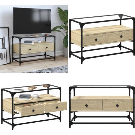 Meuble TV avec dessus en verre chêne sonoma bois d'ingénierie - Meubles Tv - Meuble Téléviseur - Support Tv - Unité Tv - Meuble Industriel - Home & Living