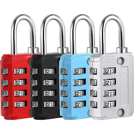 Lot de 4 Cadenas Code 4 Chiffres  Petit Cadenas a Code College, Valise Avion en Métal Exterieur pour Casier Bagage Gym (Argent Noir Bleu Rouge) (1/5)