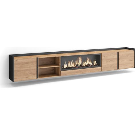 Skraut Home - Meuble TV, Banc Télé, Grand espace de Rangement, 315x35x50cm, Pour les TV jusqu'à 80", Cheminée électrique XXL, Suspendu, Mural, Style moderne, Chêne et noir (1/5)