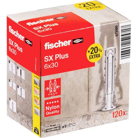 fischer Tassello in Nylon multimateriale SX Plus 6 x 30 + 20% di Contenuto aggiuntivo Gratuito/Confezione da 120, Taglia Unica (1/5)