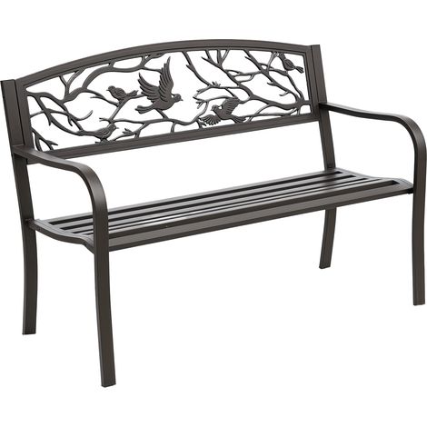 Banco de jardín con reposabrazos y respaldo con estampado de pájaros, capacidad de carga de 240 kg, para patio o terraza, 127 x 60 x 85 cm, marrón.