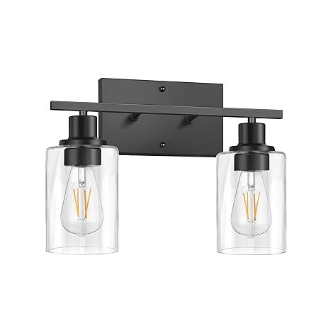 Luminaire mural moderne 2 lumières pour salle de bain, applique noire mate avec abat-jour en verre transparent, douille E26, applique murale élégante pour miroir, lot de 1, finition noir mat, éclairag (1/4)