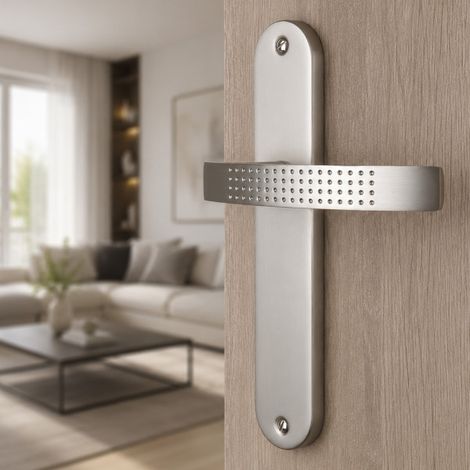 Ouvre&Déco – Paire de poignées de porte AUDACE sans trou – Aluminium nickel mat – Entraxe 195 mm – Fixation visible par vis apparentes (1/5)