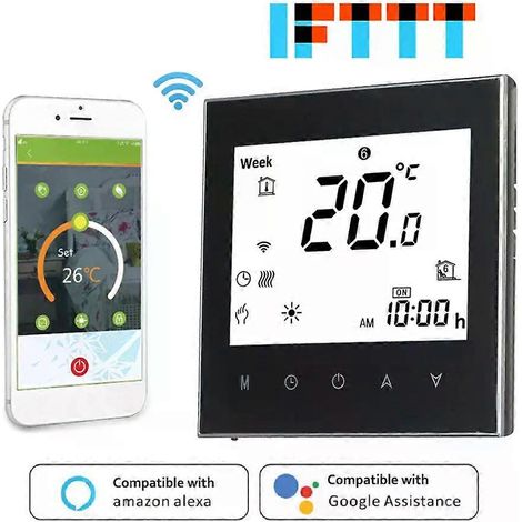 Digitales Thermostat mit WLAN-Verbindung und Sprachsteuerung, Touchscreen, 95–240 V Wechselstrom, 5 A, für alle Warmwassersysteme (GA). (1/4)